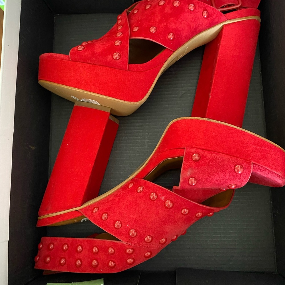 Halston red leather suede platform sandals